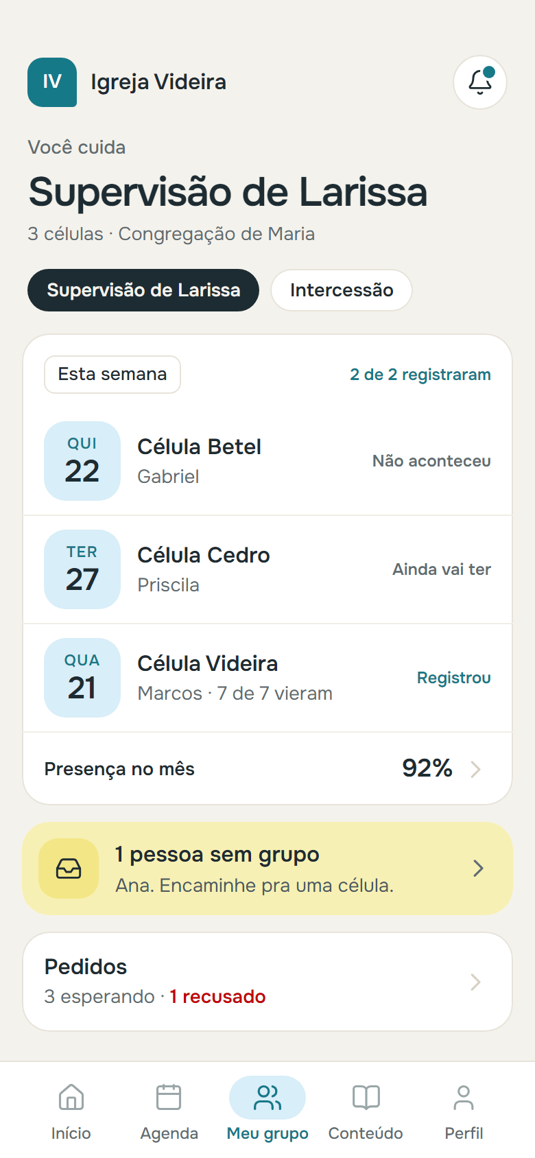 Tela da supervisão com as células da semana